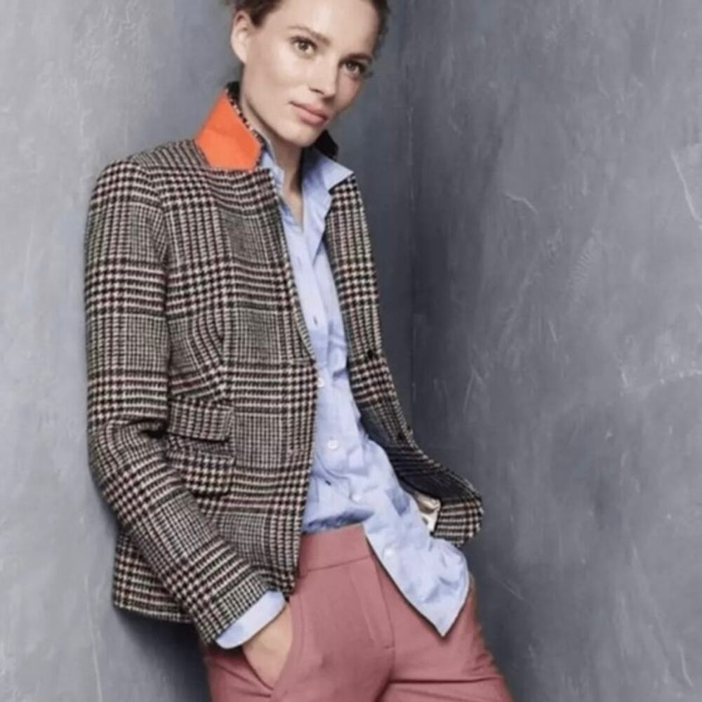 J. Crew Schoolboy Houndstooth Plaid Blazer Jacket Brown 100% Wool Women’s Size 8